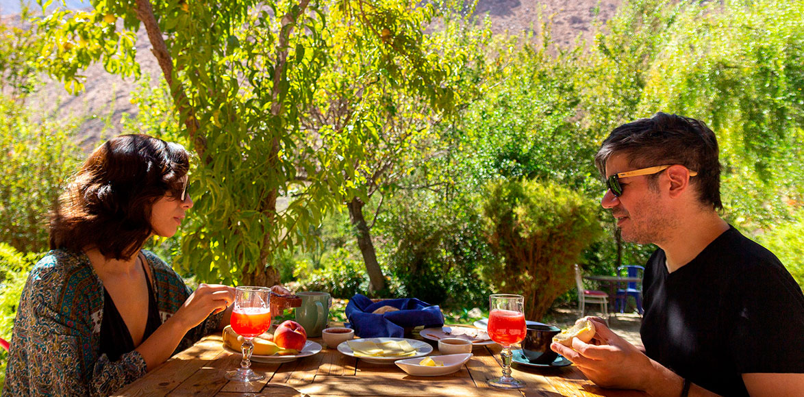Pareja tomando desayuno en el jardin